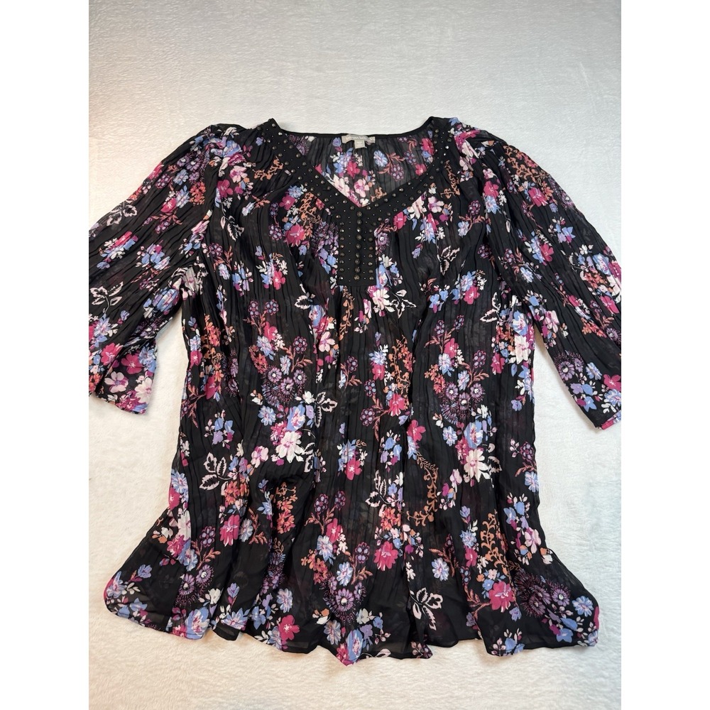 Woman Within Top Womens 2X Flowy Chiffon Boho Accordion Stud 26/28 Floral Career